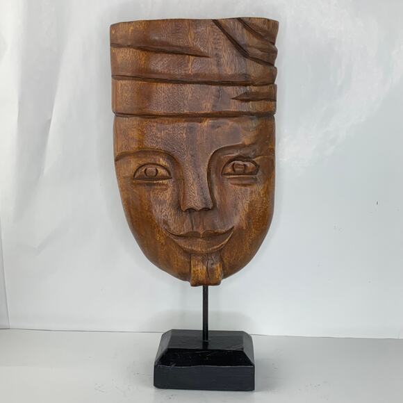 Vintage Wood Carved Turban Head Bust Mask Wood Base - Picture 2 of 9